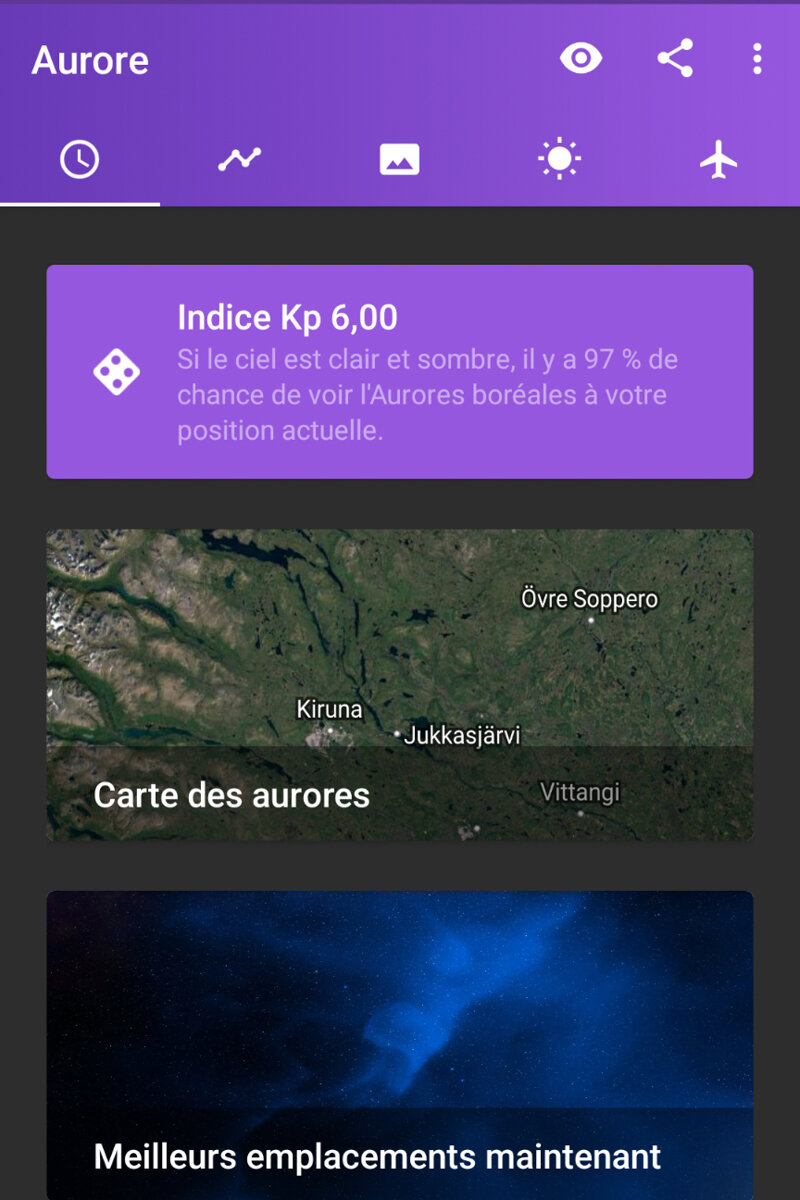 Capture d'écran d'une application qui indique l'indice Kp à Kiruna